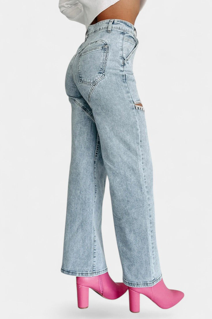 Evian Jeans Ripped Straight-Leg con Rhinestones.