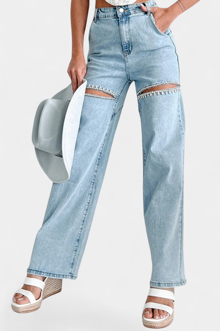 Evian Jeans Ripped Straight-Leg con Rhinestones.