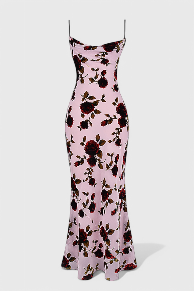 Irina Vestido Deslizante de Satén con Estampado Floral y Espalda Descubierta.