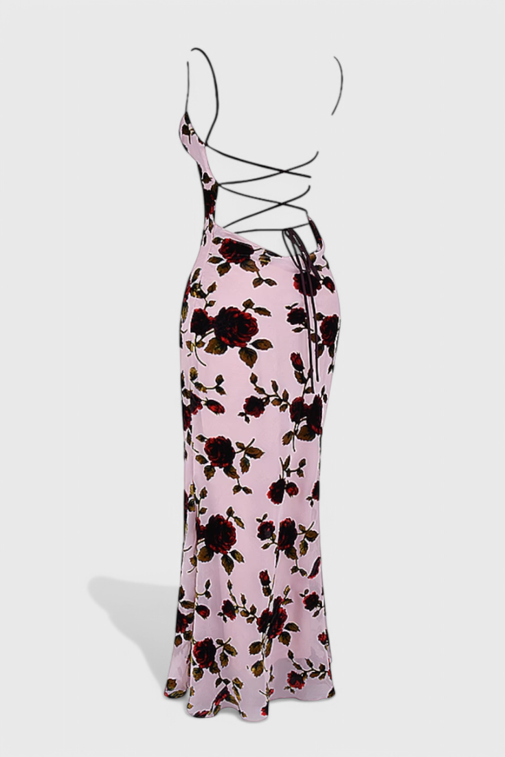Irina Vestido Deslizante de Satén con Estampado Floral y Espalda Descubierta.