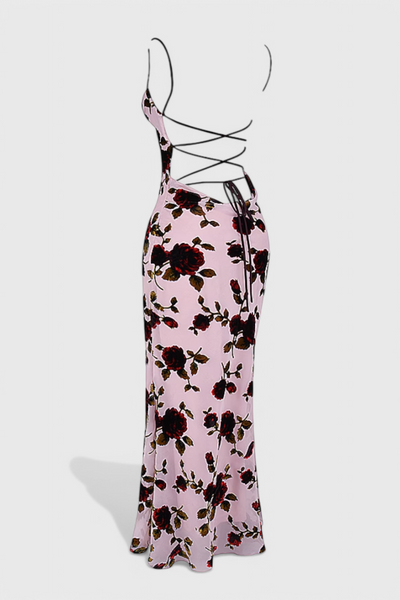 Irina Vestido Deslizante de Satén con Estampado Floral y Espalda Descubierta.