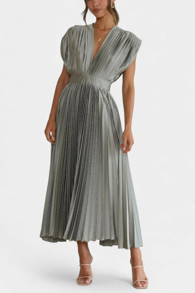 Audrey Pleated Midi Dress with V-Neckline