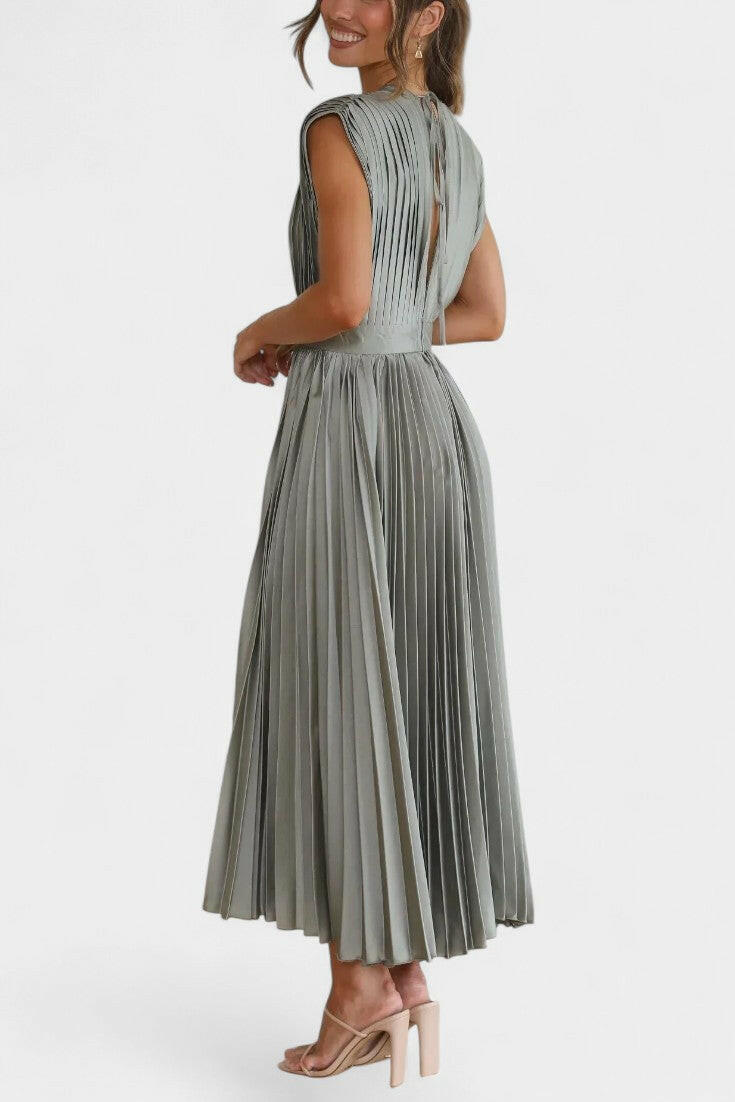 Audrey Pleated Midi Dress with V-Neckline