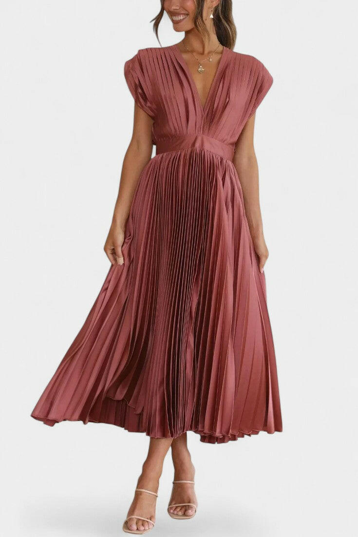 Audrey Vestido Midi con Pliegues y Escote en V.