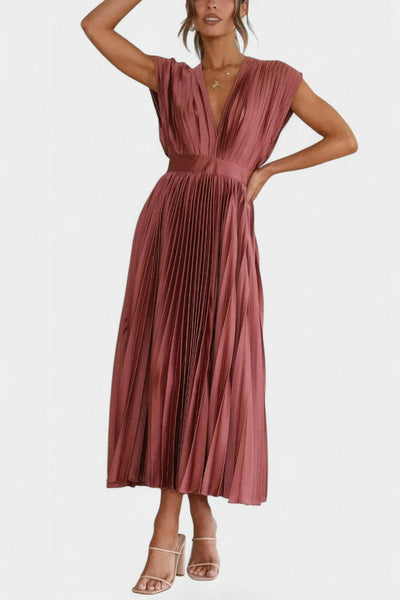 Audrey Vestido Midi con Pliegues y Escote en V.