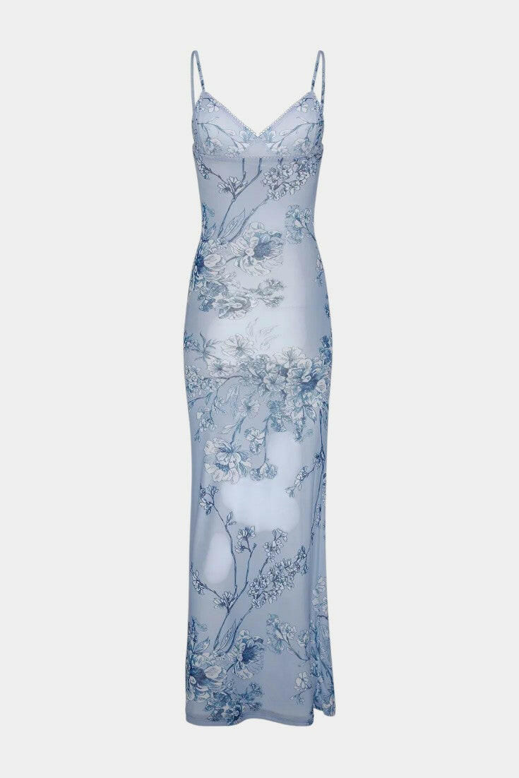 Iris Vestido de Encaje Floral Azul.
