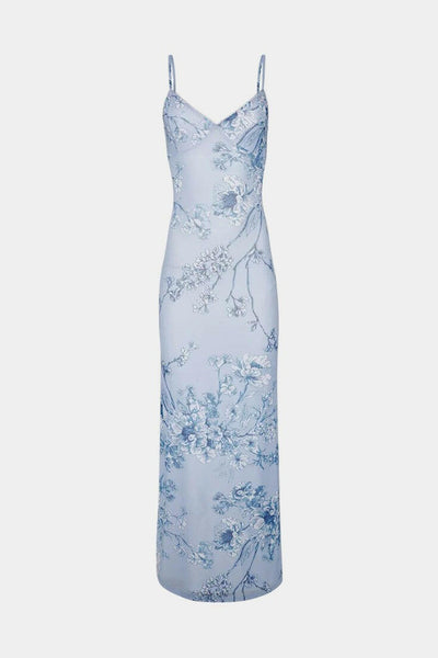 Iris Vestido de Encaje Floral Azul.