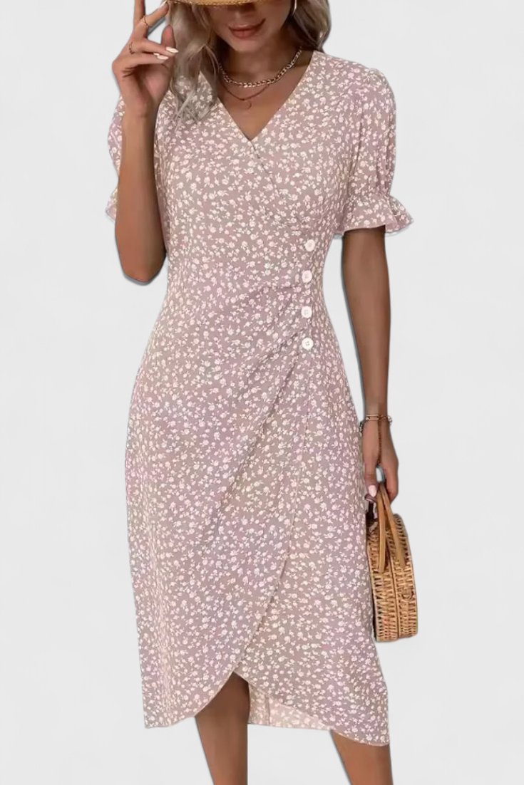Joana Vestido Midi Floral con Escote en V y Mangas Cortas.