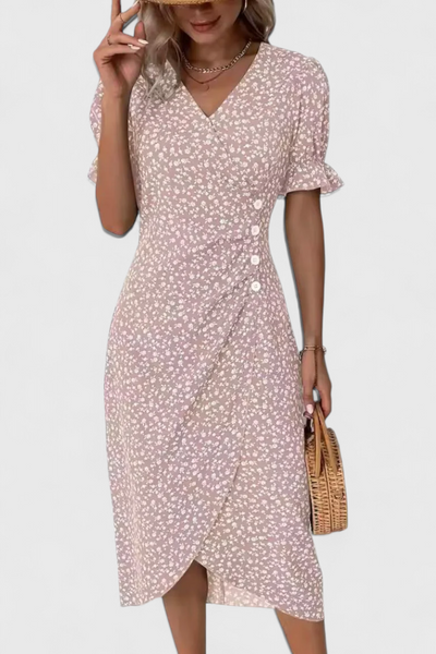 Joana Vestido Midi Floral con Escote en V y Mangas Cortas.
