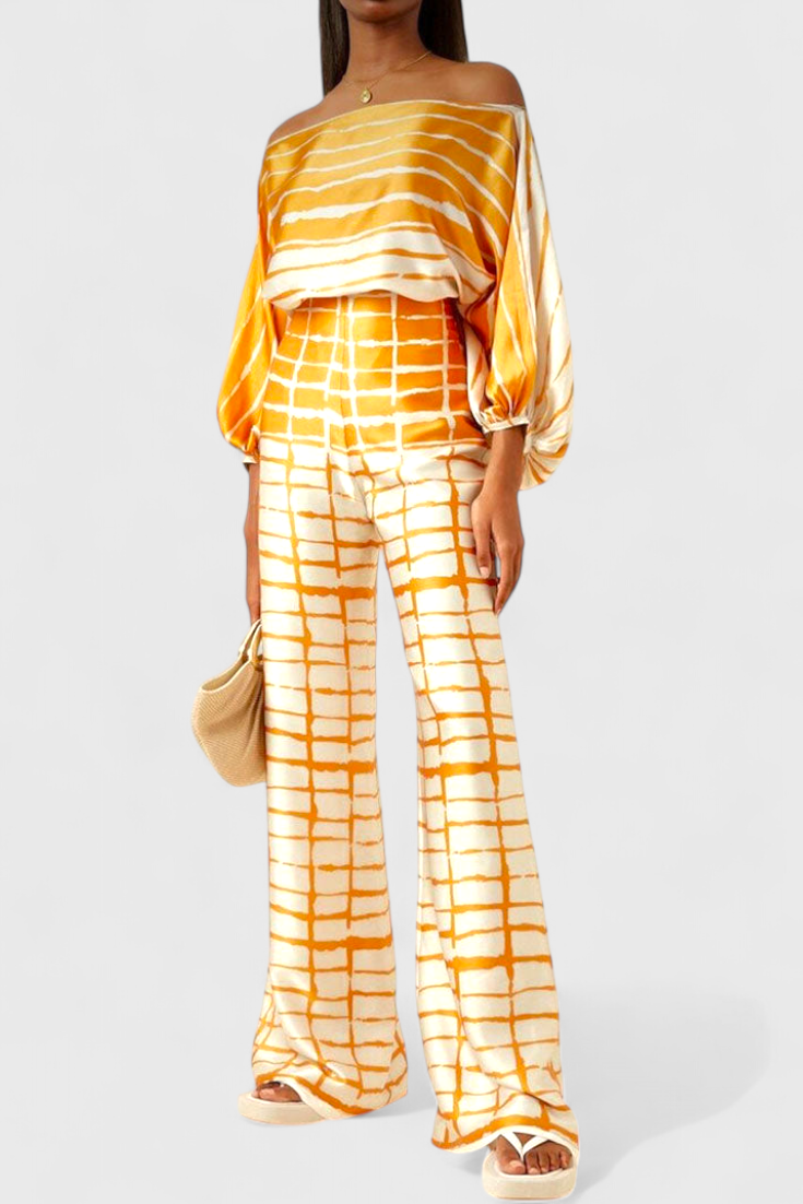 Sybella Conjunto Estampado de Dos Piezas con Pantalones de Pierna Ancha.