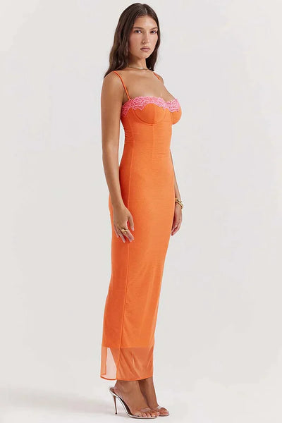 Malla Floral Patchwork Corsé Cami Bodycon Slit Maxi Vestido.