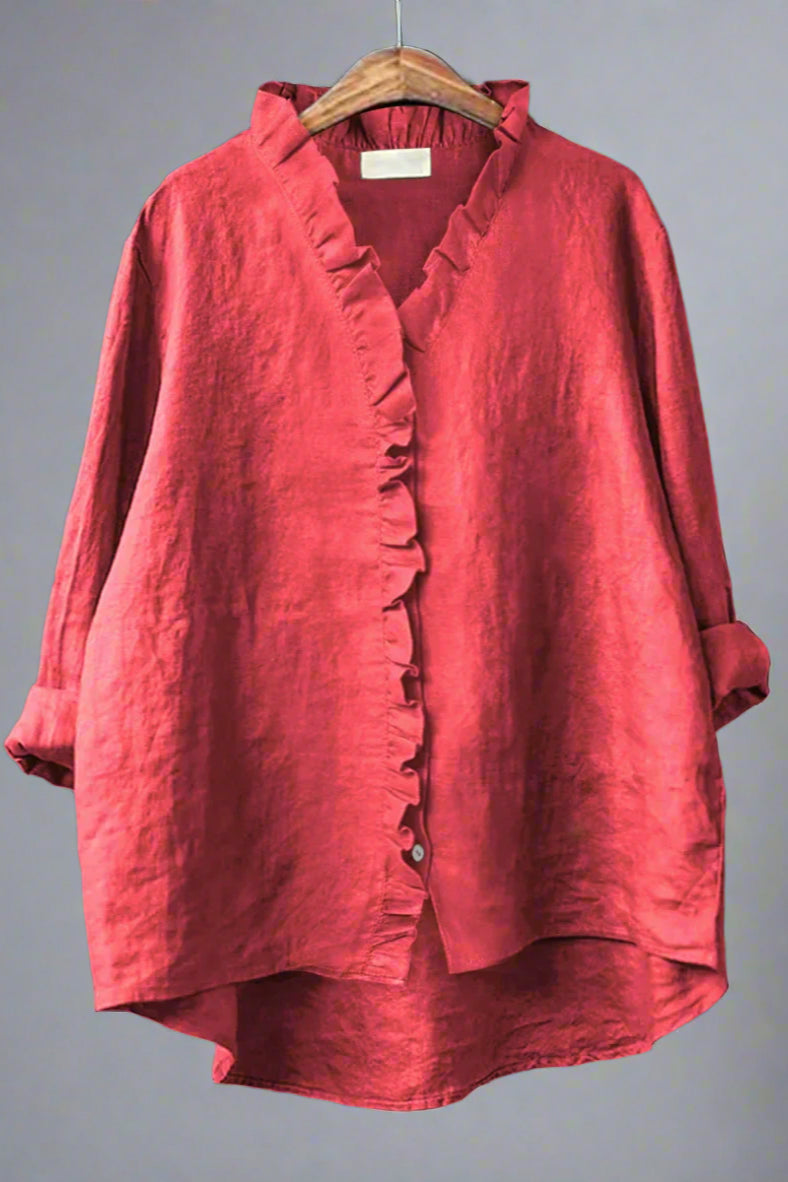 Sanela - Camisa informal con volantes en algodón y lino.
