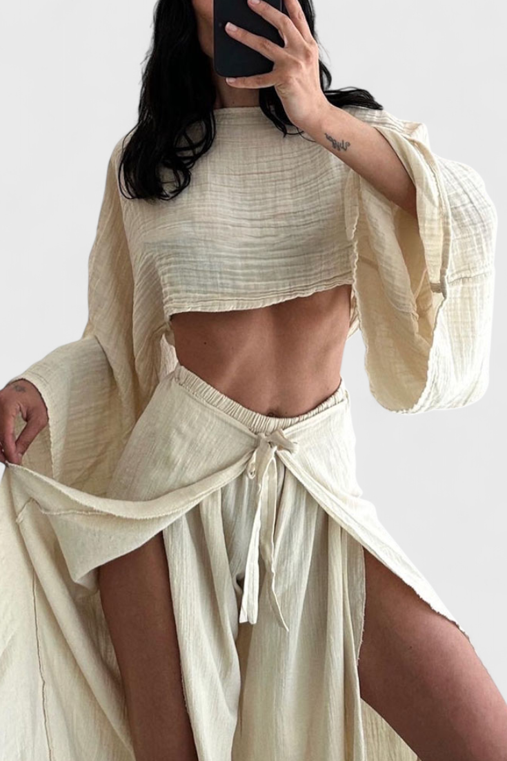 Elsie Conjunto Fluido con Kimono y Pantalón Cruzado.