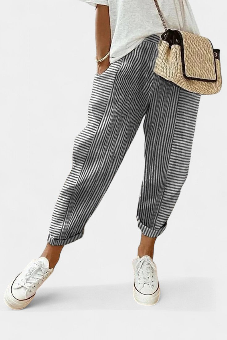 Alba Pantalones de Mezcla de Lino a Rayas.