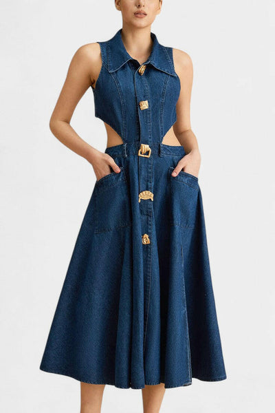 Alia Vestido de mezclilla sin mangas con corte.