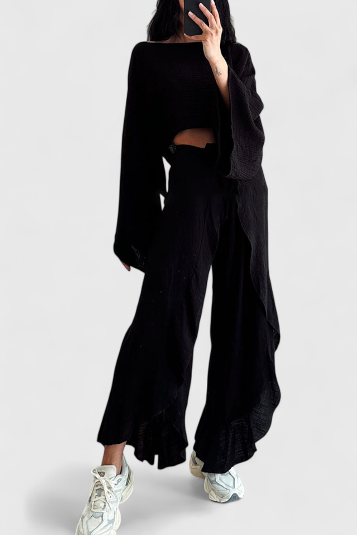 Elsie Conjunto Fluido con Kimono y Pantalón Cruzado.