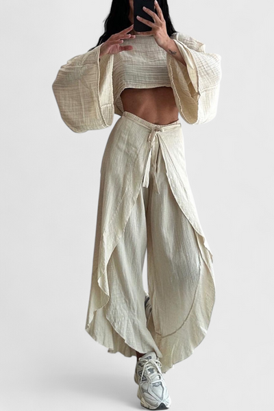 Elsie Conjunto Fluido con Kimono y Pantalón Cruzado.