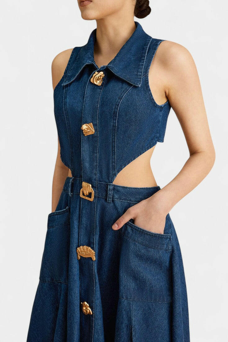 Alia Vestido de mezclilla sin mangas con corte.