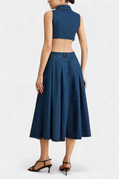 Alia Vestido de mezclilla sin mangas con corte.