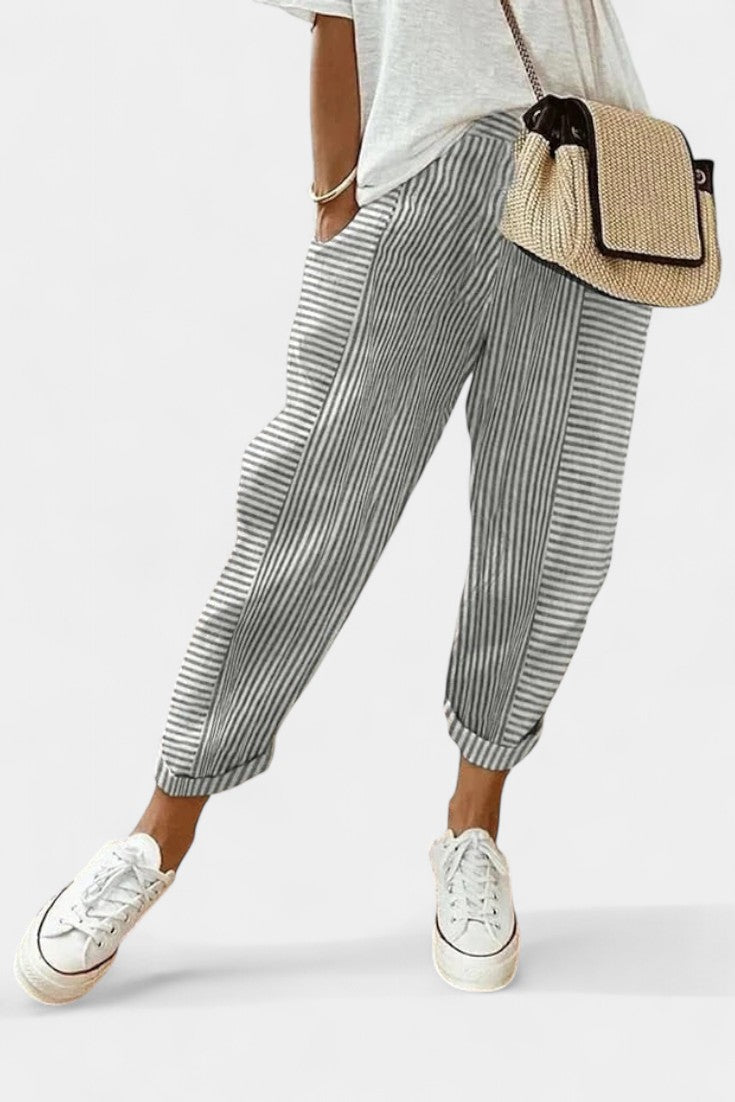 Alba Pantalones de Mezcla de Lino a Rayas.