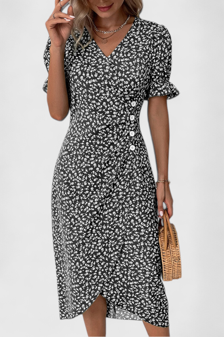 Joana Vestido Midi Floral con Escote en V y Mangas Cortas.