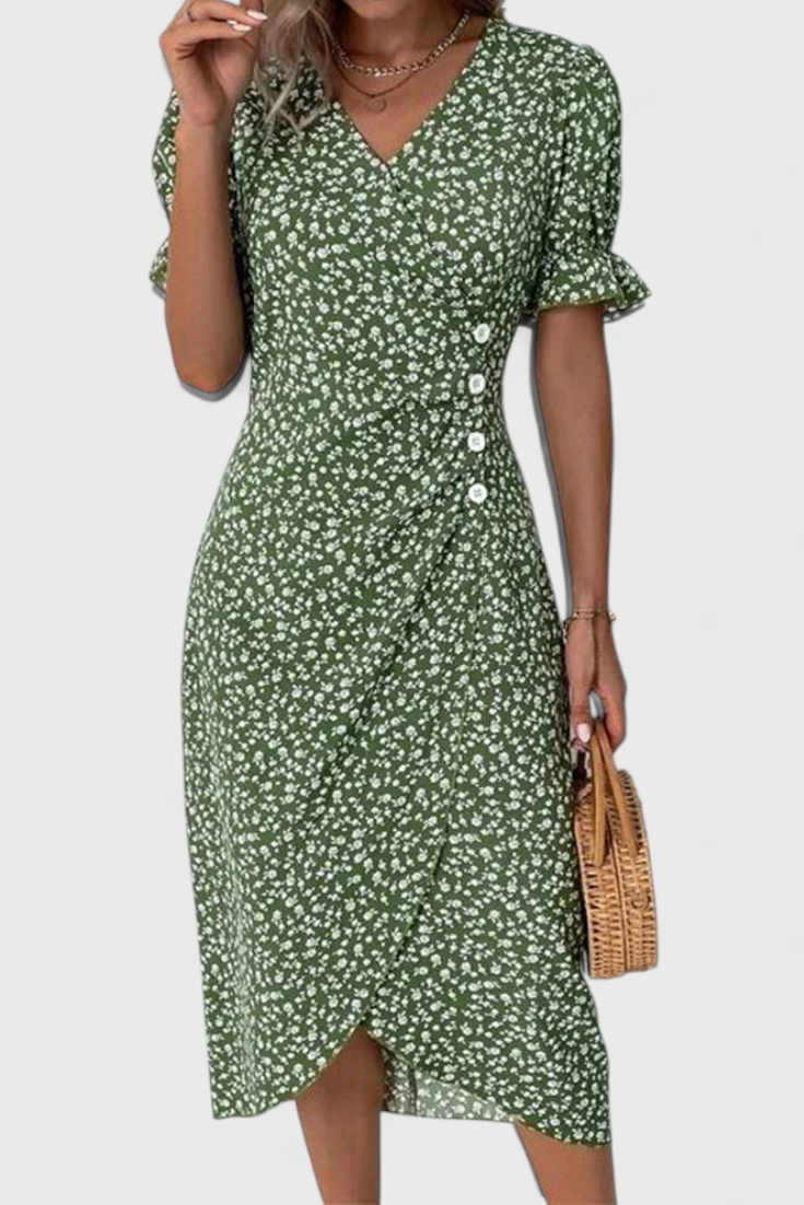 Joana Vestido Midi Floral con Escote en V y Mangas Cortas.