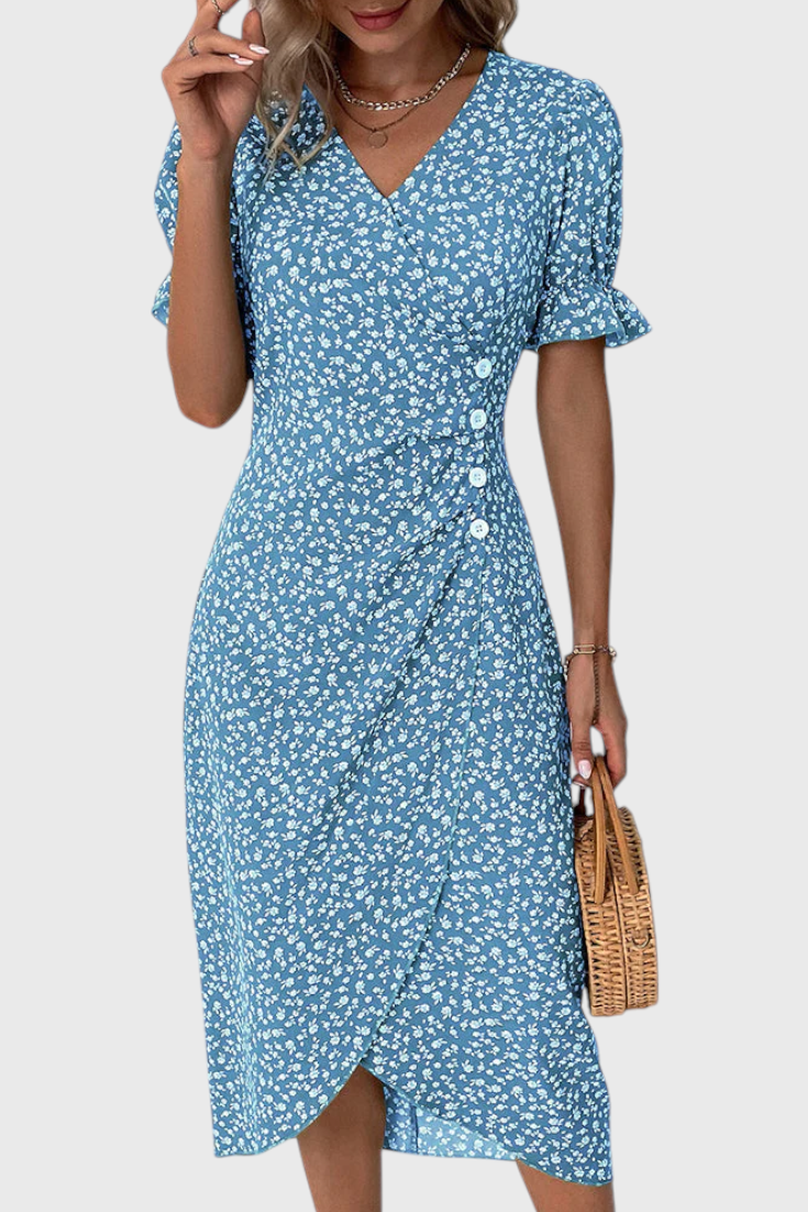 Joana Vestido Midi Floral con Escote en V y Mangas Cortas.