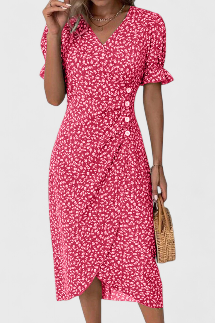 Joana Vestido Midi Floral con Escote en V y Mangas Cortas.