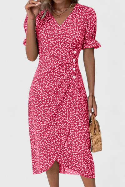 Joana Vestido Midi Floral con Escote en V y Mangas Cortas.