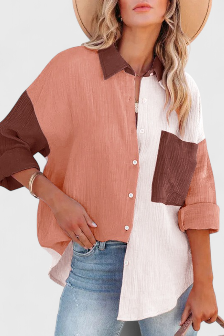 Juniper Blusa de Botones en Bloque de Color.