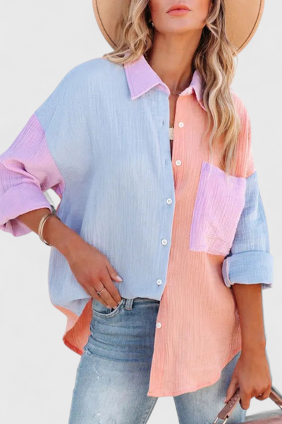 Juniper Blusa de Botones en Bloque de Color.