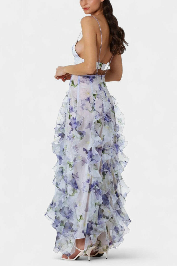 Bonnie Vestido Maxi Cortado con Volantes de Flores.