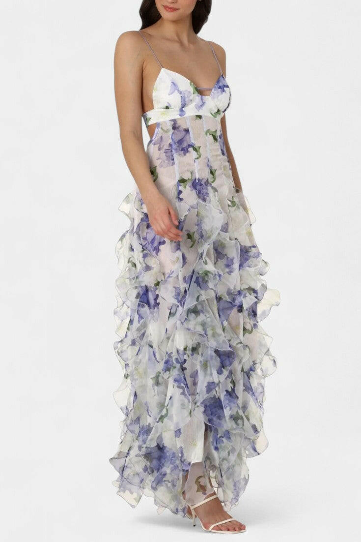 Bonnie Vestido Maxi Cortado con Volantes de Flores.