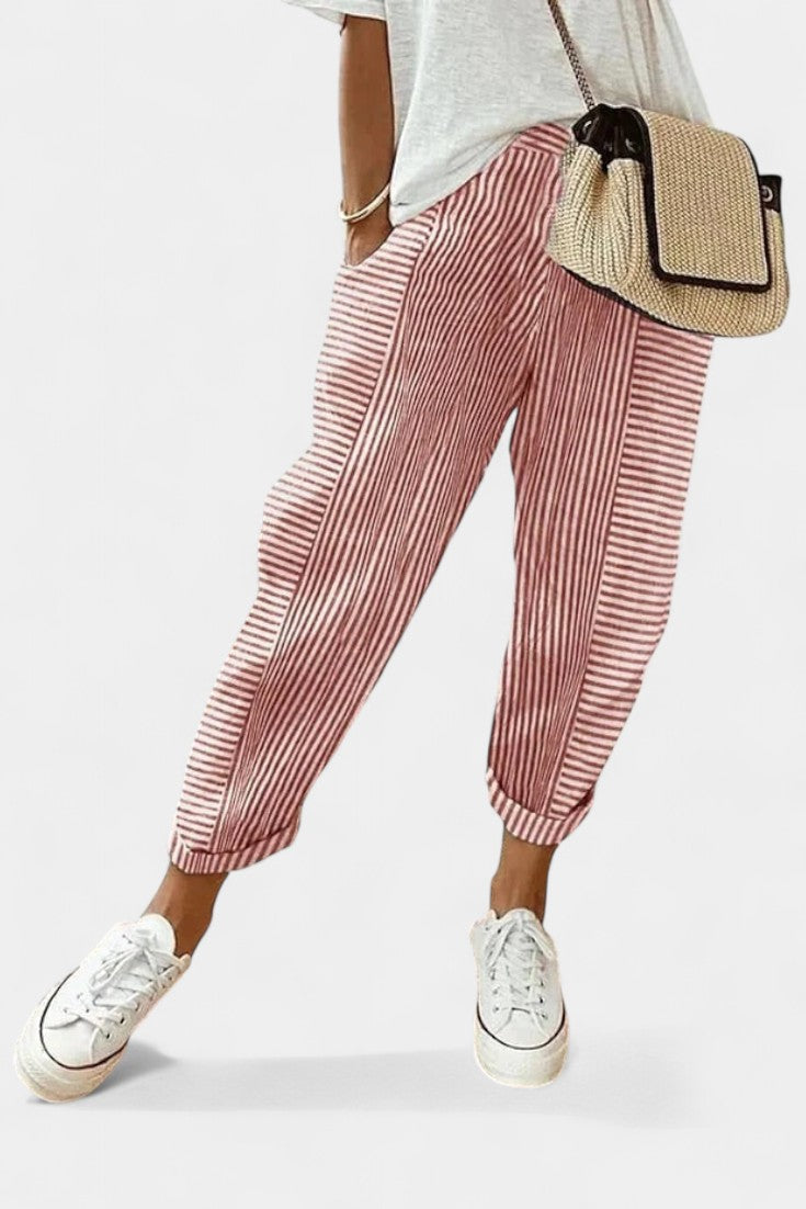 Alba Pantalones de Mezcla de Lino a Rayas.